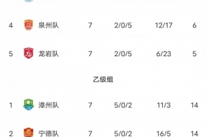 闽超积分榜:厦门队七连胜21分高居甲组第一 决赛对福州角逐冠军